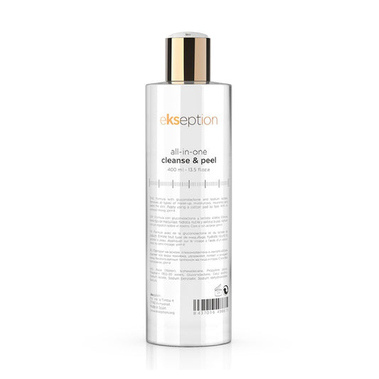 All in One Cleanse & Peel bottle, ideal for removing makeup and restoring skin's pH.