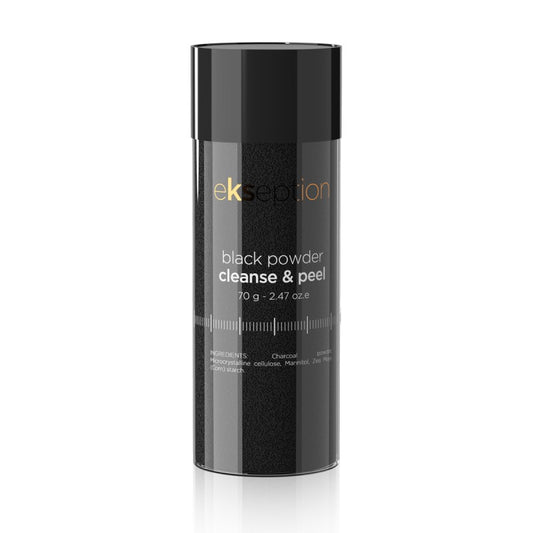 Black Powder Cleanse & Peel container, showcasing its unique charcoal-based formula.