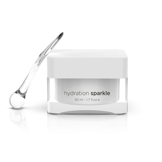 Hydration Sparkle moisturizer in a container, ideal for oily and combination skin types.