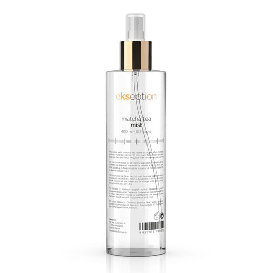 Matcha Tea Mist bottle, showcasing its rich green and shimmering powder.