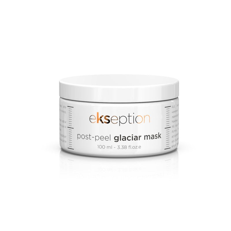 Post Peel Glaciar Mask container, showing the cooling glacier texture ideal for oily skin.
