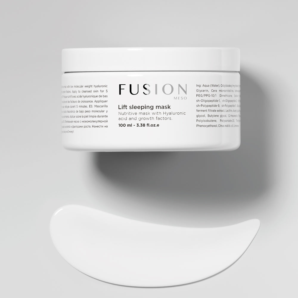 Fusion Lift Sleeping Mask in a sleek container, showing its creamy texture and natural mandarin oil scent for overnight skin rejuvenation.