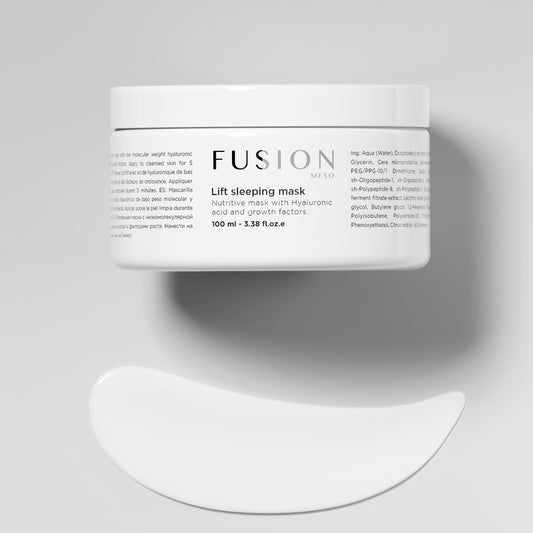 Fusion Lift Sleeping Mask in a sleek container, showing its creamy texture and natural mandarin oil scent for overnight skin rejuvenation.
