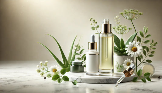 luxurious serum bottle with a dropper placed on a marble surface, surrounded by aloe vera leaves, chamomile flowers, and green tea leaves, with a softly blurred neutral background.