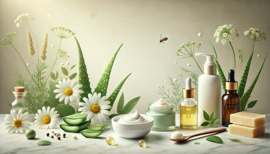 Natural skincare ingredients like aloe vera leaves, chamomile flowers, green tea leaves, shea butter chunks, and jojoba oil. Displayed alongside a serum bottle and cream jar on a white marble surface with a softly blurred neutral background.