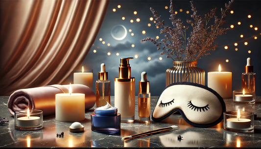 Nighttime skincare setup with premium products like a serum bottle, night cream, and eye cream on a marble vanity. The scene includes a lit candle, a silk sleep mask, and lavender sprigs, with a blurred background of warm golden and deep navy tones.