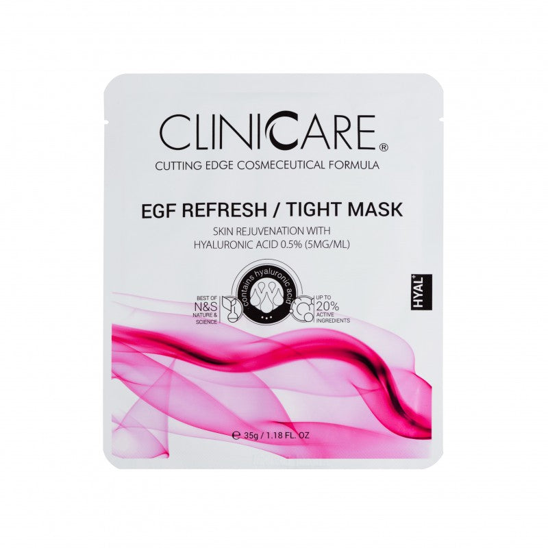 CLINICCARE EGF Refresh-Tight Mask - Achieve intense hydration and lifting. Infused with Hyaluronic Acid, Argireline, and botanical extracts for a revitalized complexion.