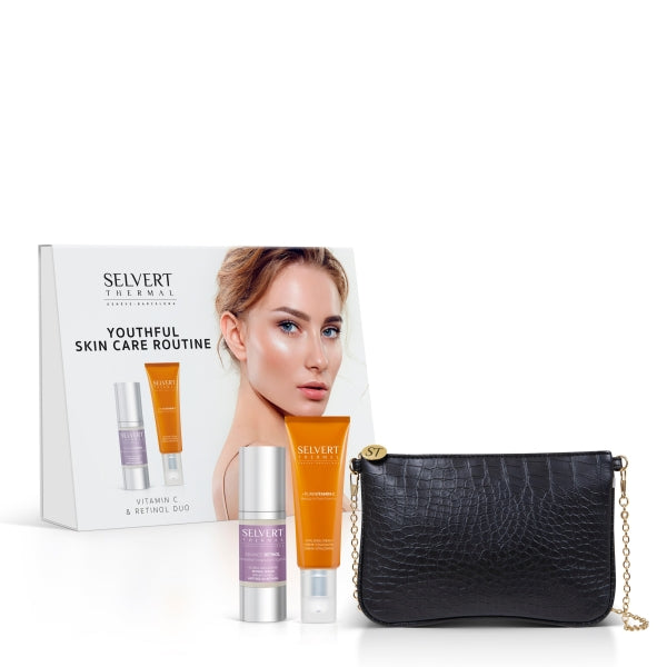 Image of Selvert Thermal +PURE VITAMIN C & RETINOL DUO showcasing age-defying skincare set with eco-friendly leather bag.